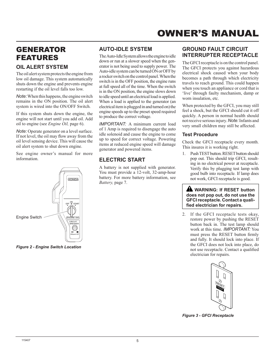 Owner’s manual, Generator features, Ground fault circuit interrupter receptacle | Oil alert system, Auto-idle system, Electric start | Master Lock MGH8500IE User Manual | Page 5 / 24