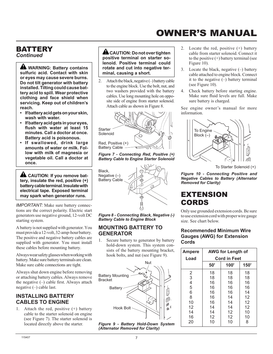 Owner’s manual, Extension cords, Battery | Mounting battery to generator, Installing battery cables to engine, Continued | Master Lock MGH8500IE User Manual | Page 7 / 24