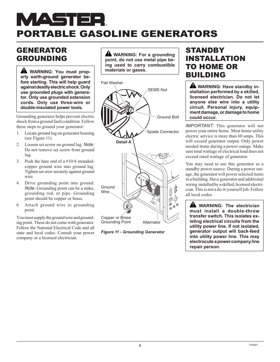 Portable gasoline generators, Standby installation to home or building, Generator grounding | Master Lock MGH8500IE User Manual | Page 8 / 24