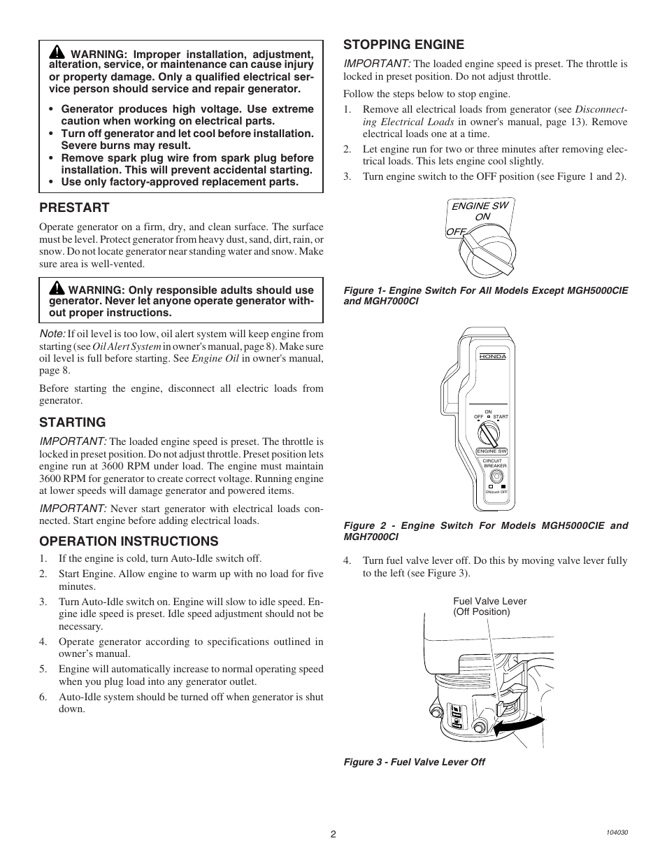Starting, Operation instructions, Prestart | Stopping engine | Master Lock MGH5000CI User Manual | Page 2 / 4