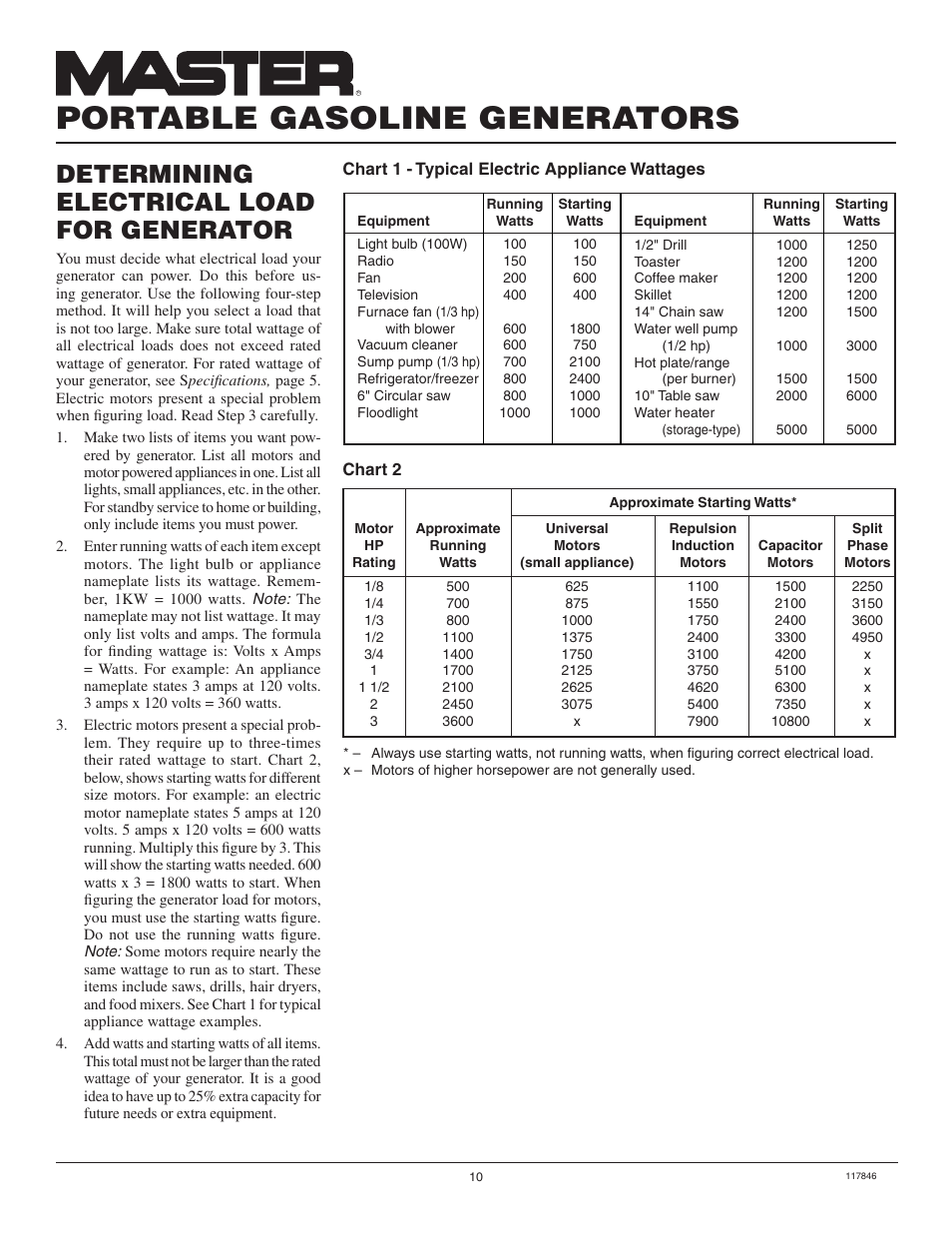 Portable gasoline generators, Determining electrical load for generator | Master Lock MGH8500AIE User Manual | Page 10 / 28