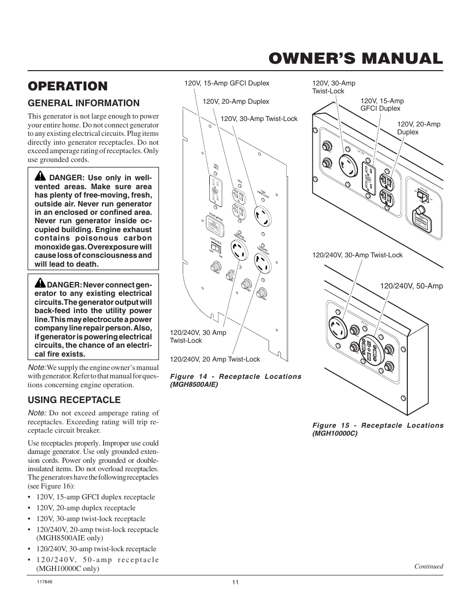 Owner’s manual, Operation, General information | Using receptacle, Continued | Master Lock MGH8500AIE User Manual | Page 11 / 28