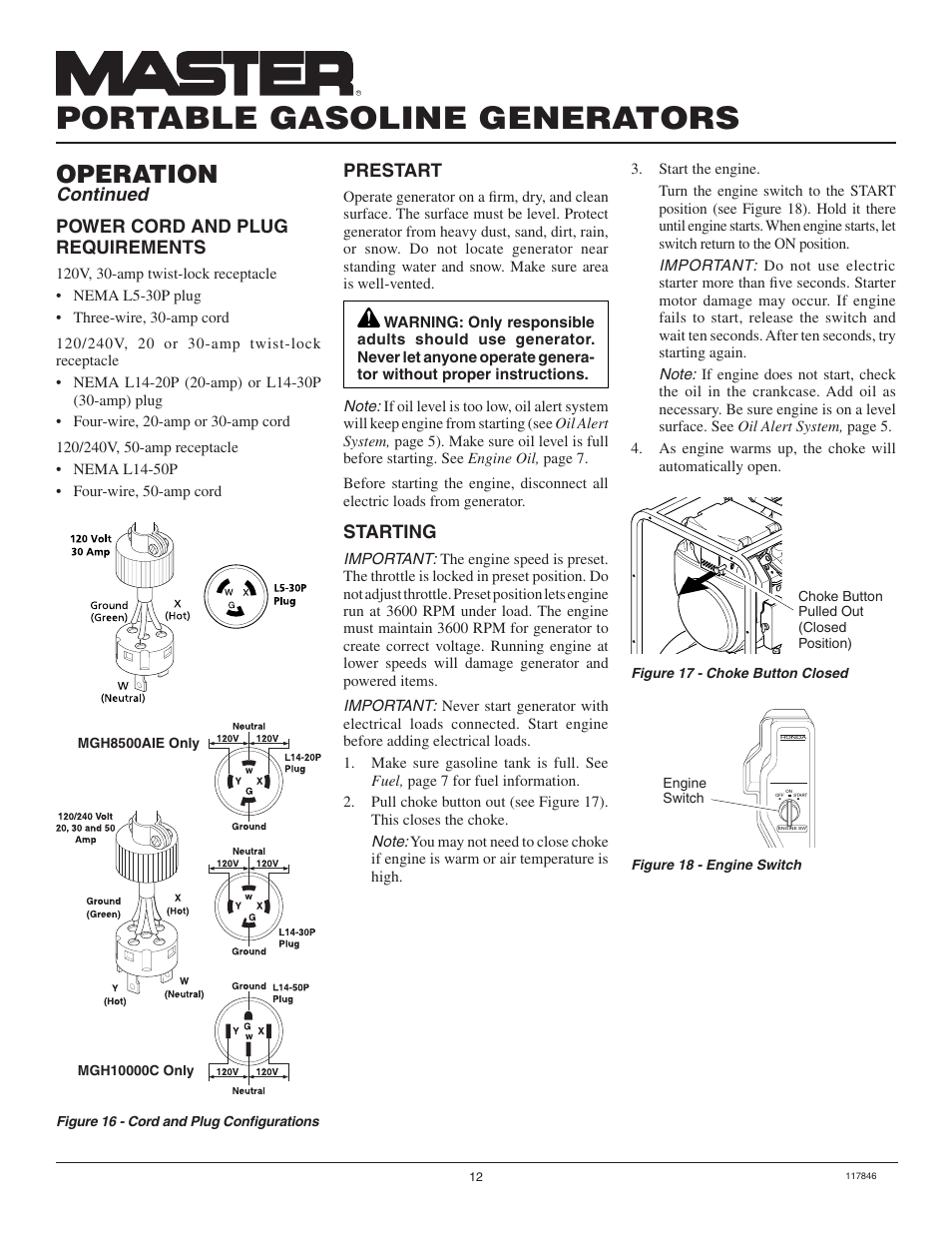 Portable gasoline generators, Operation, Continued | Starting, Prestart, Power cord and plug requirements | Master Lock MGH8500AIE User Manual | Page 12 / 28