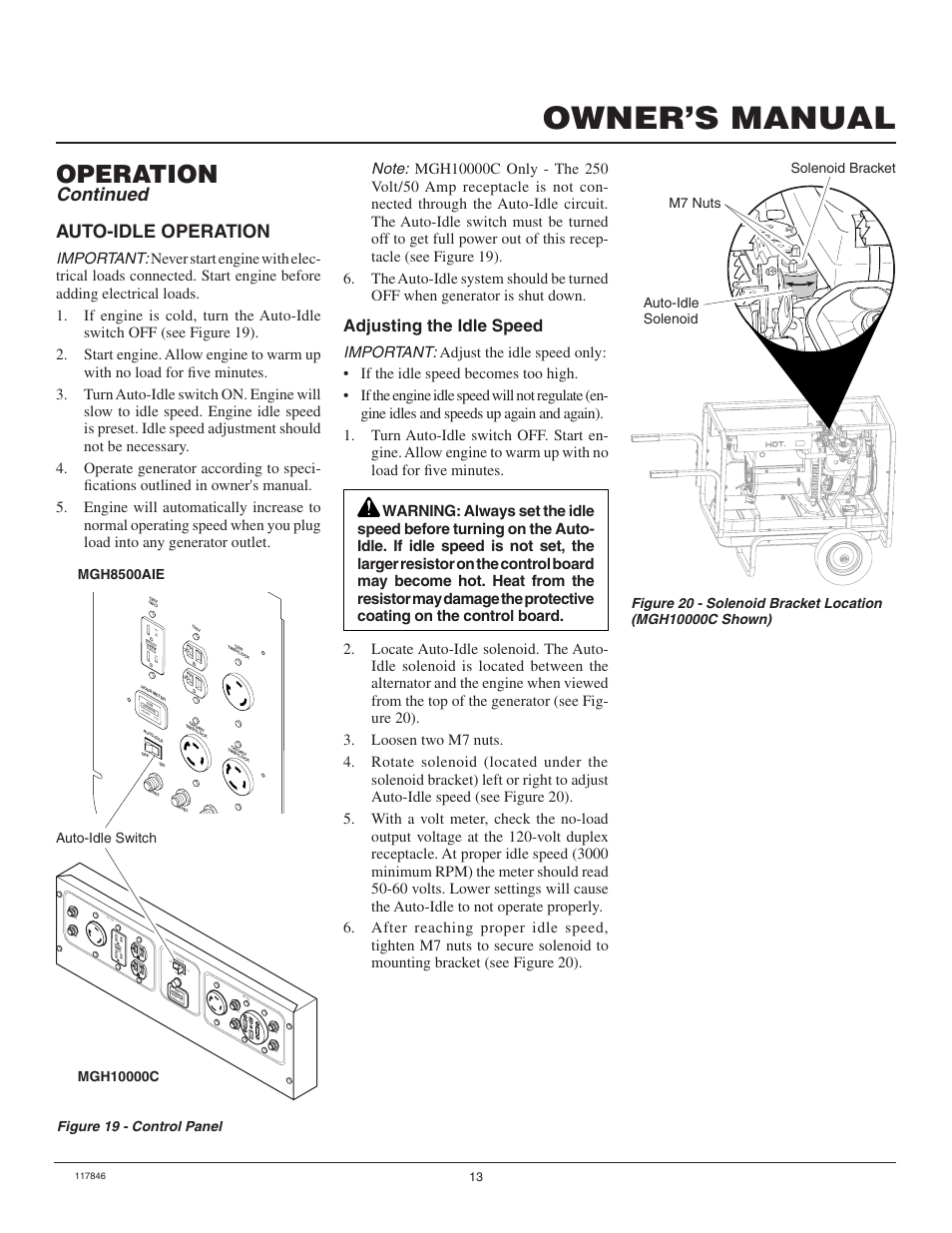 Owner’s manual, Operation, Continued auto-idle operation | Adjusting the idle speed, Hours 1/10 | Master Lock MGH8500AIE User Manual | Page 13 / 28