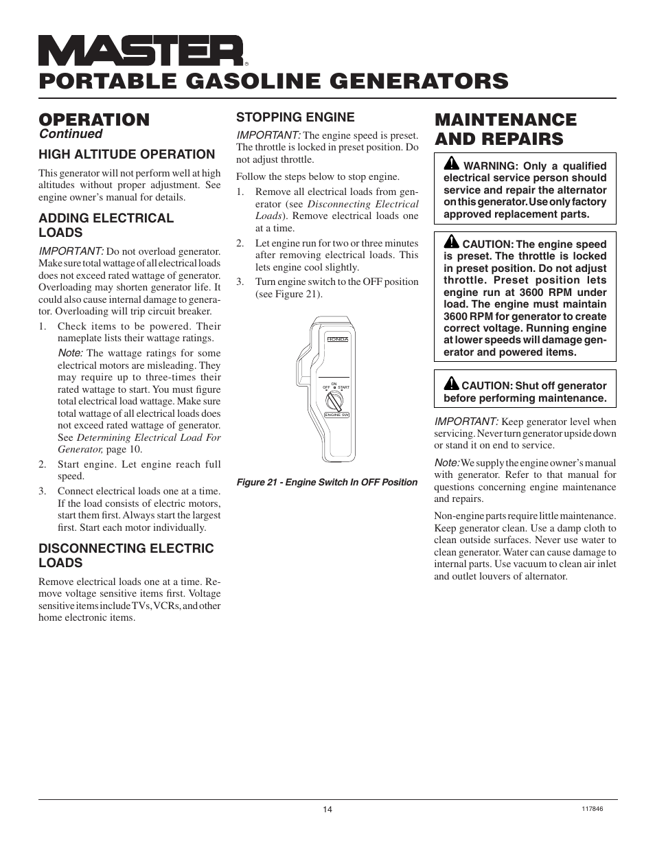 Portable gasoline generators, Maintenance and repairs, Operation | Master Lock MGH8500AIE User Manual | Page 14 / 28