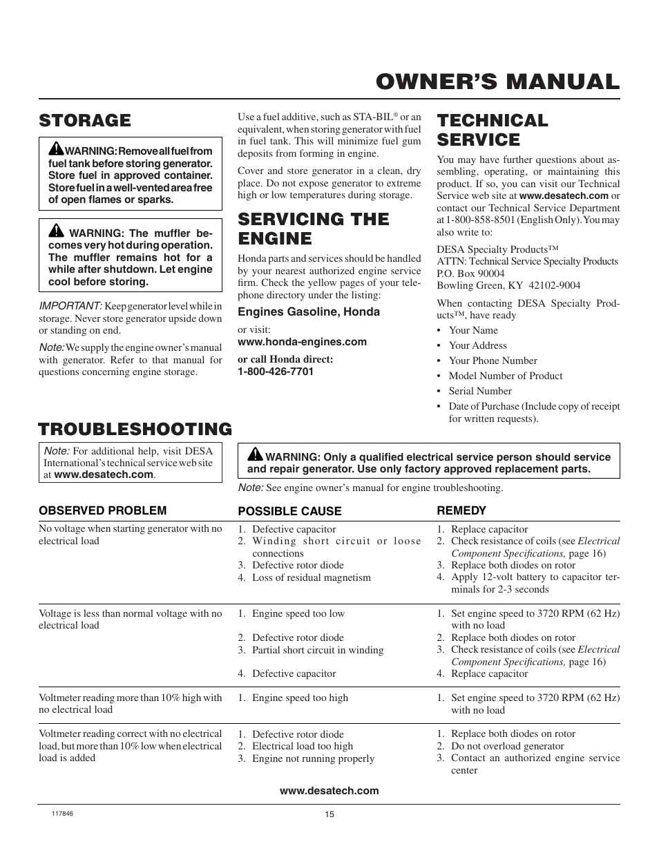 Owner’s manual, Troubleshooting, Storage | Servicing the engine, Technical service | Master Lock MGH8500AIE User Manual | Page 15 / 28