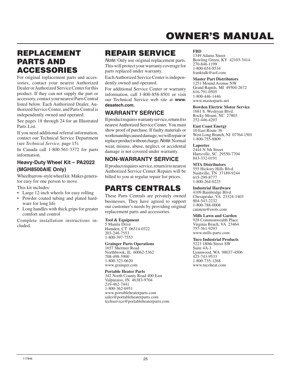 Owner’s manual, Parts centrals, Replacement parts and accessories | Repair service | Master Lock MGH8500AIE User Manual | Page 25 / 28