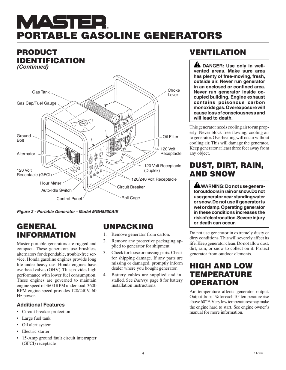 Portable gasoline generators, General information, Unpacking | Product identification | Master Lock MGH8500AIE User Manual | Page 4 / 28