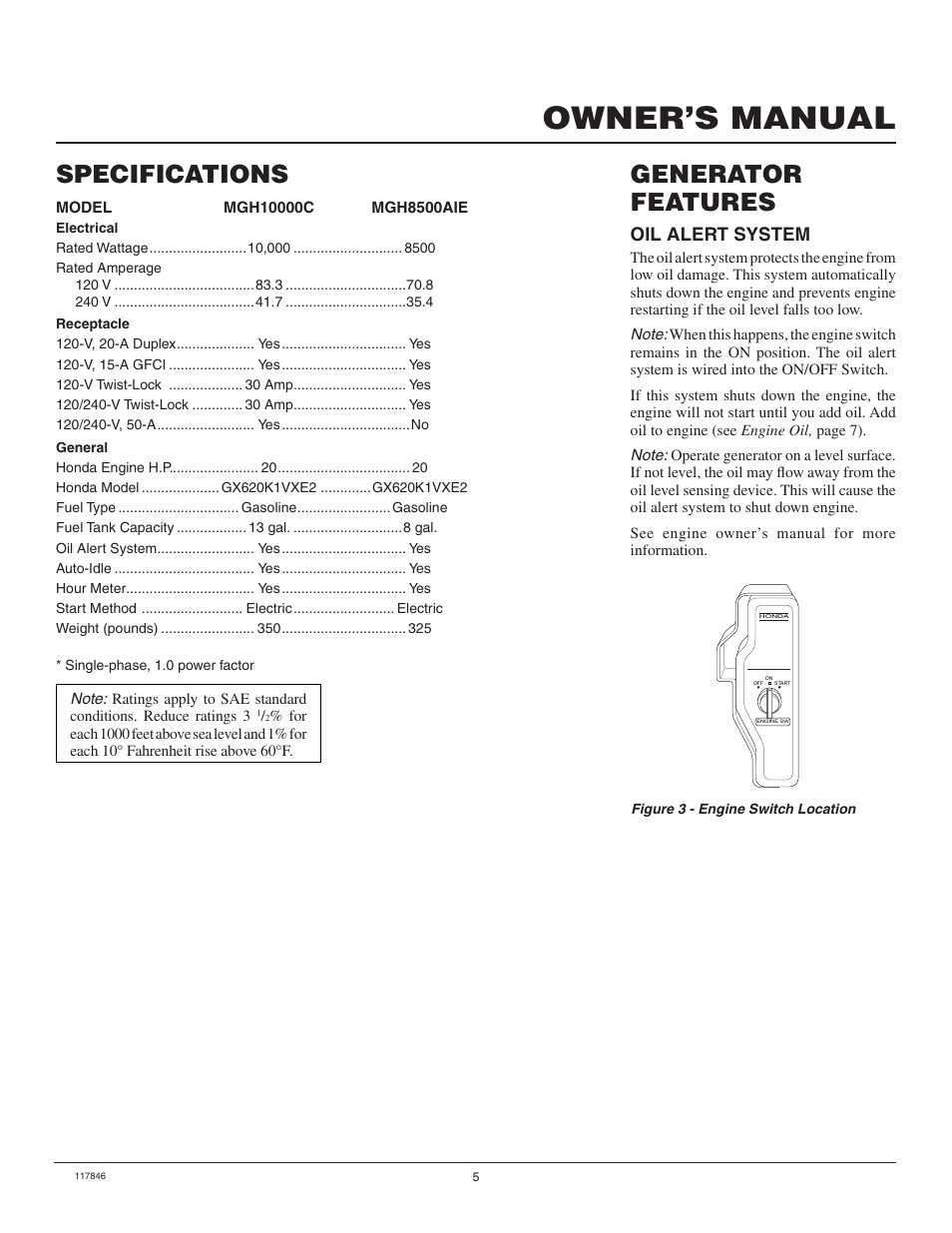 Owner’s manual, Specifications generator features, Oil alert system | Master Lock MGH8500AIE User Manual | Page 5 / 28