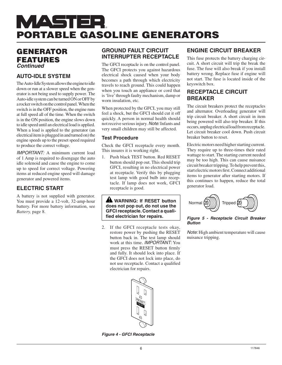Portable gasoline generators, Generator features | Master Lock MGH8500AIE User Manual | Page 6 / 28