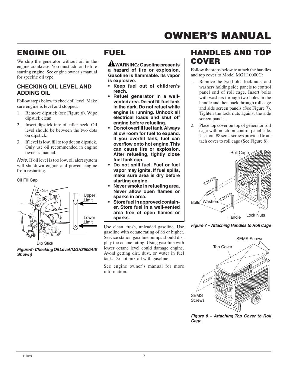 Owner’s manual, Engine oil, Fuel | Handles and top cover | Master Lock MGH8500AIE User Manual | Page 7 / 28