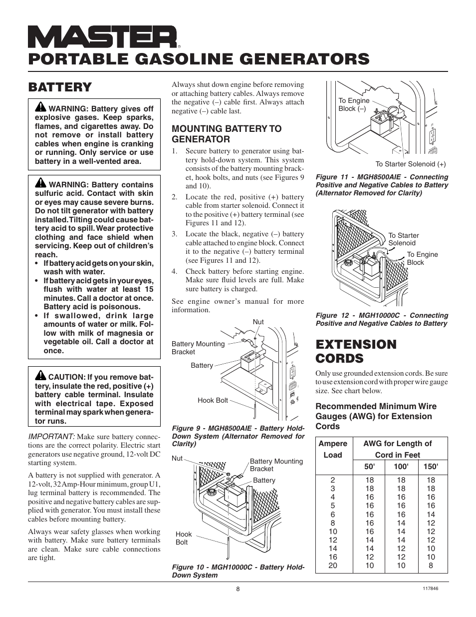 Portable gasoline generators, Extension cords, Battery | Mounting battery to generator | Master Lock MGH8500AIE User Manual | Page 8 / 28