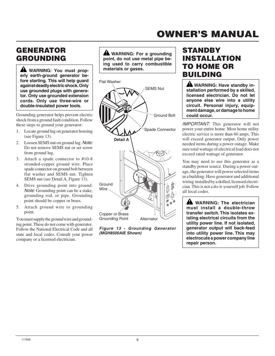 Owner’s manual, Generator grounding, Standby installation to home or building | Master Lock MGH8500AIE User Manual | Page 9 / 28