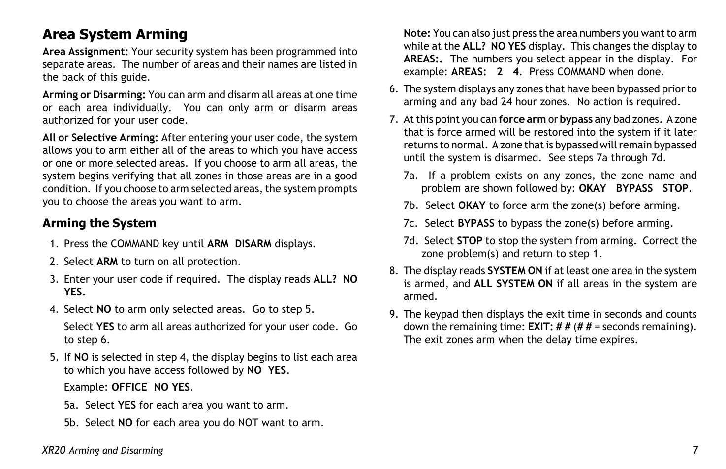 Area system arming | Master Lock XR20 User Manual | Page 11 / 44