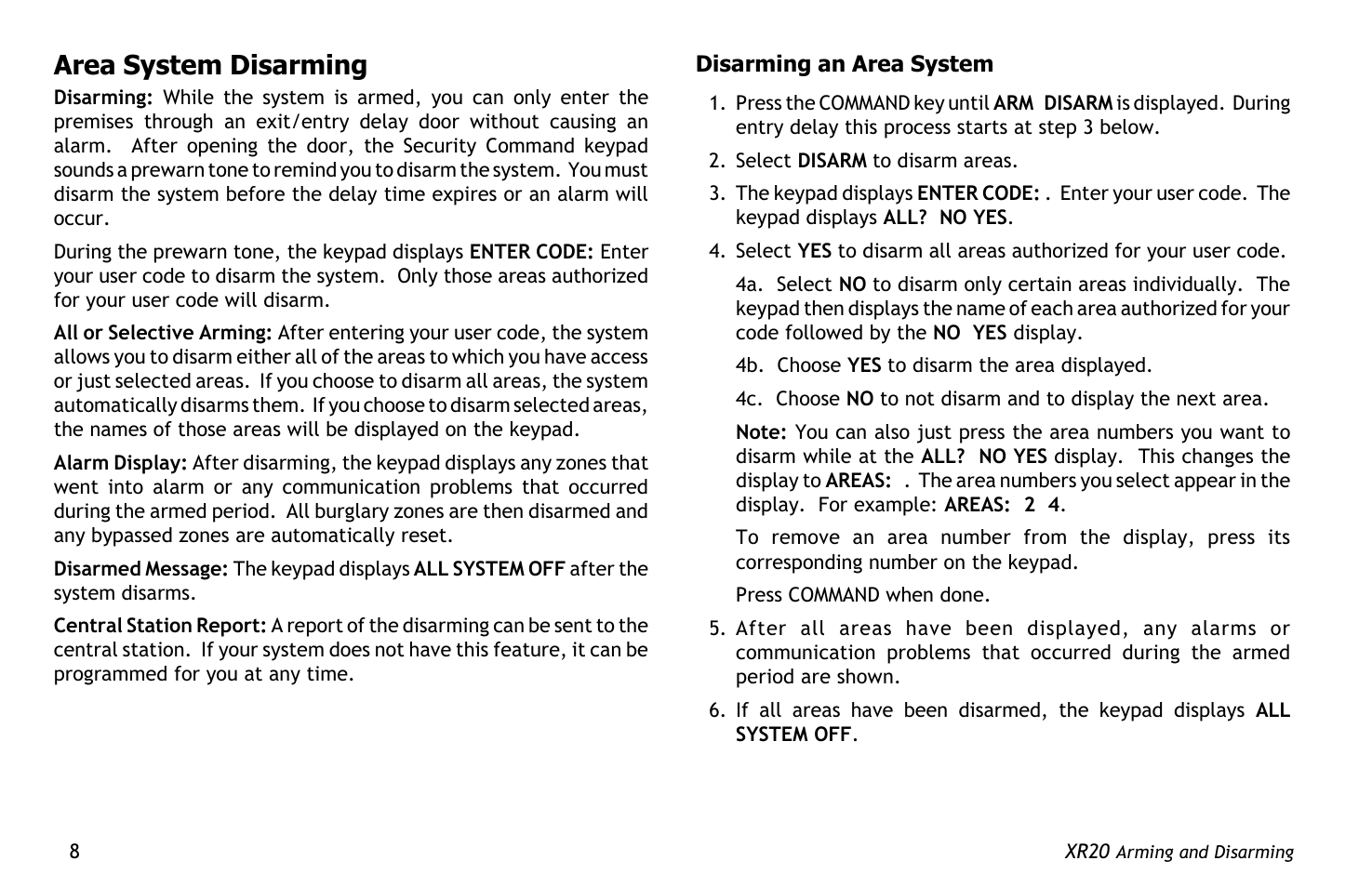 Area system disarming | Master Lock XR20 User Manual | Page 12 / 44