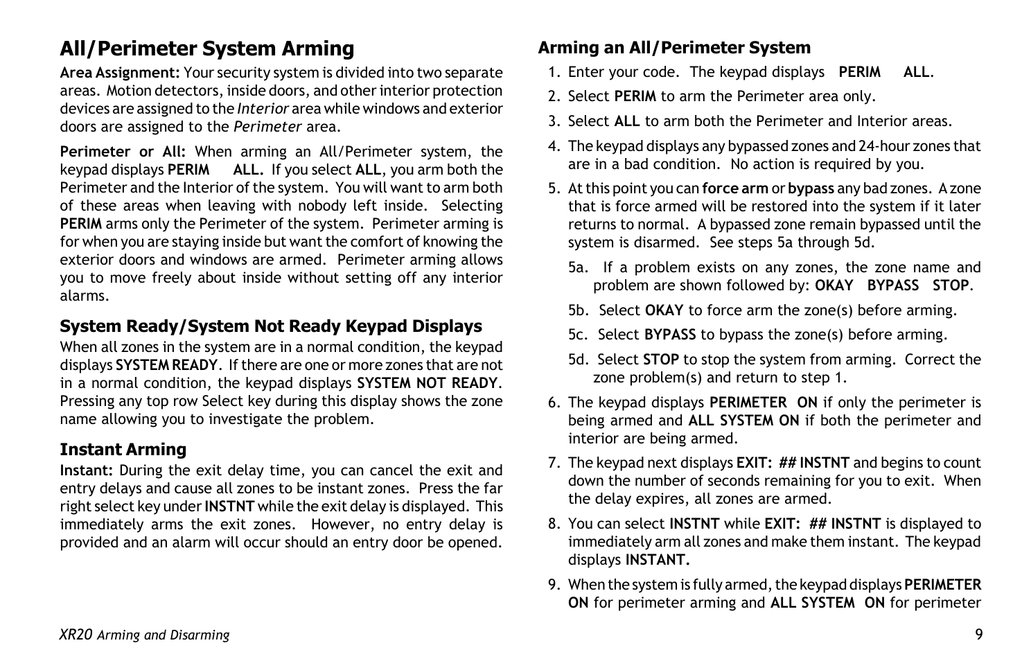 All/perimeter system arming | Master Lock XR20 User Manual | Page 13 / 44