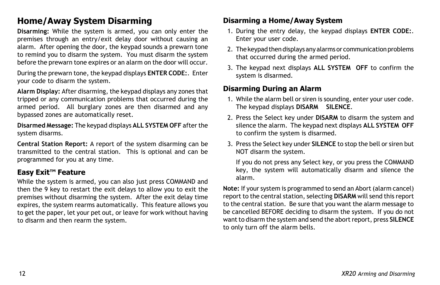 Home/away system disarming | Master Lock XR20 User Manual | Page 16 / 44