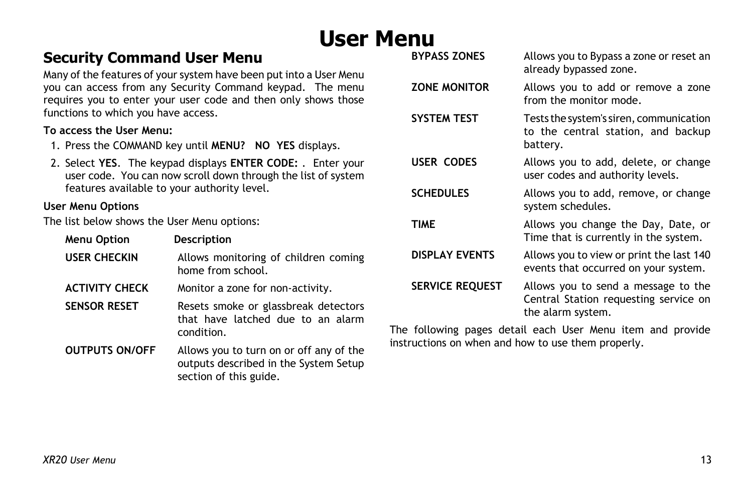 Security command user menu, User menu | Master Lock XR20 User Manual | Page 17 / 44