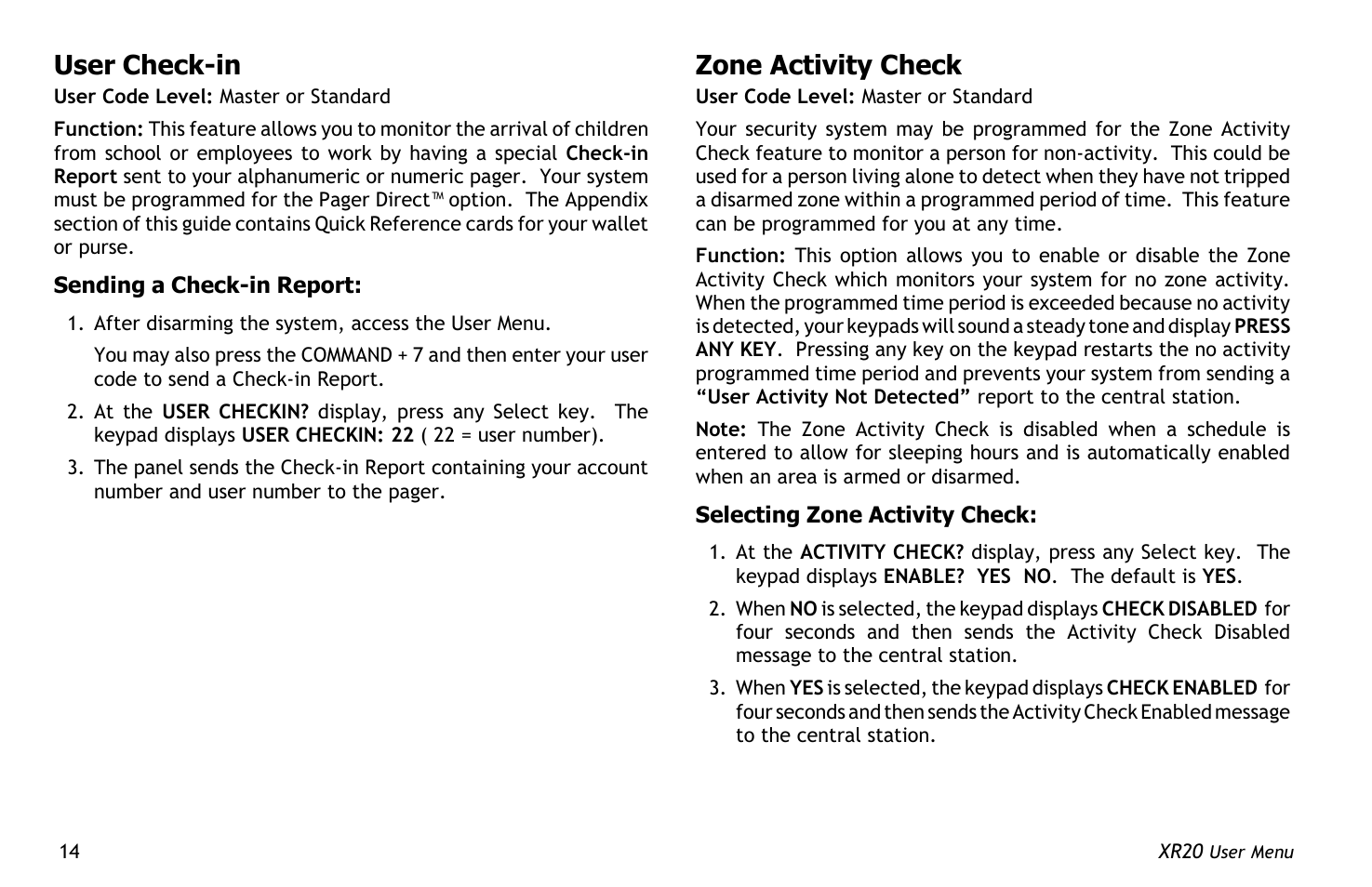 User check-in, Zone activity check, Keypad tone | Master Lock XR20 User Manual | Page 18 / 44