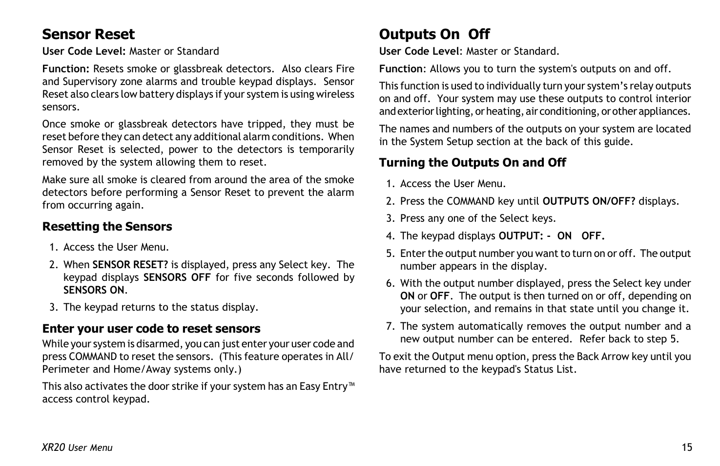 Sensor reset, Outputs on off, Set brightness | Master Lock XR20 User Manual | Page 19 / 44