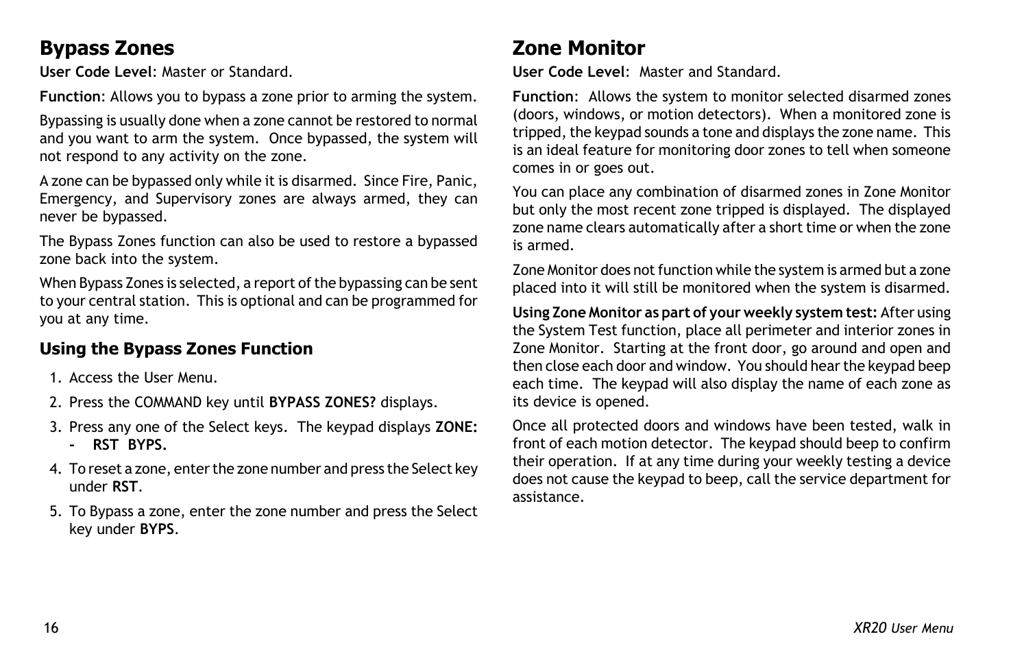 Bypass zones, Zone monitor | Master Lock XR20 User Manual | Page 20 / 44