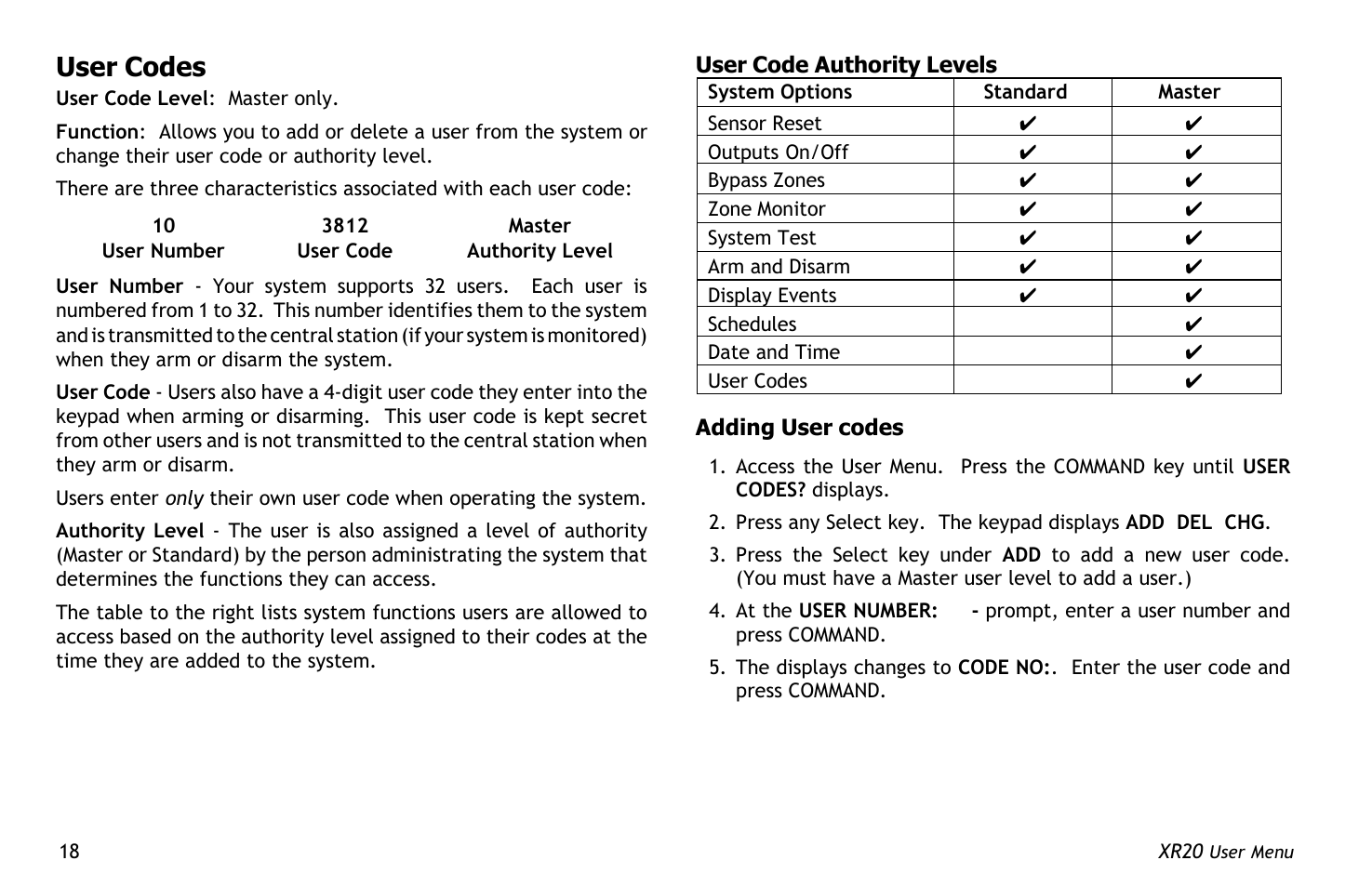 User codes, Press command | Master Lock XR20 User Manual | Page 22 / 44
