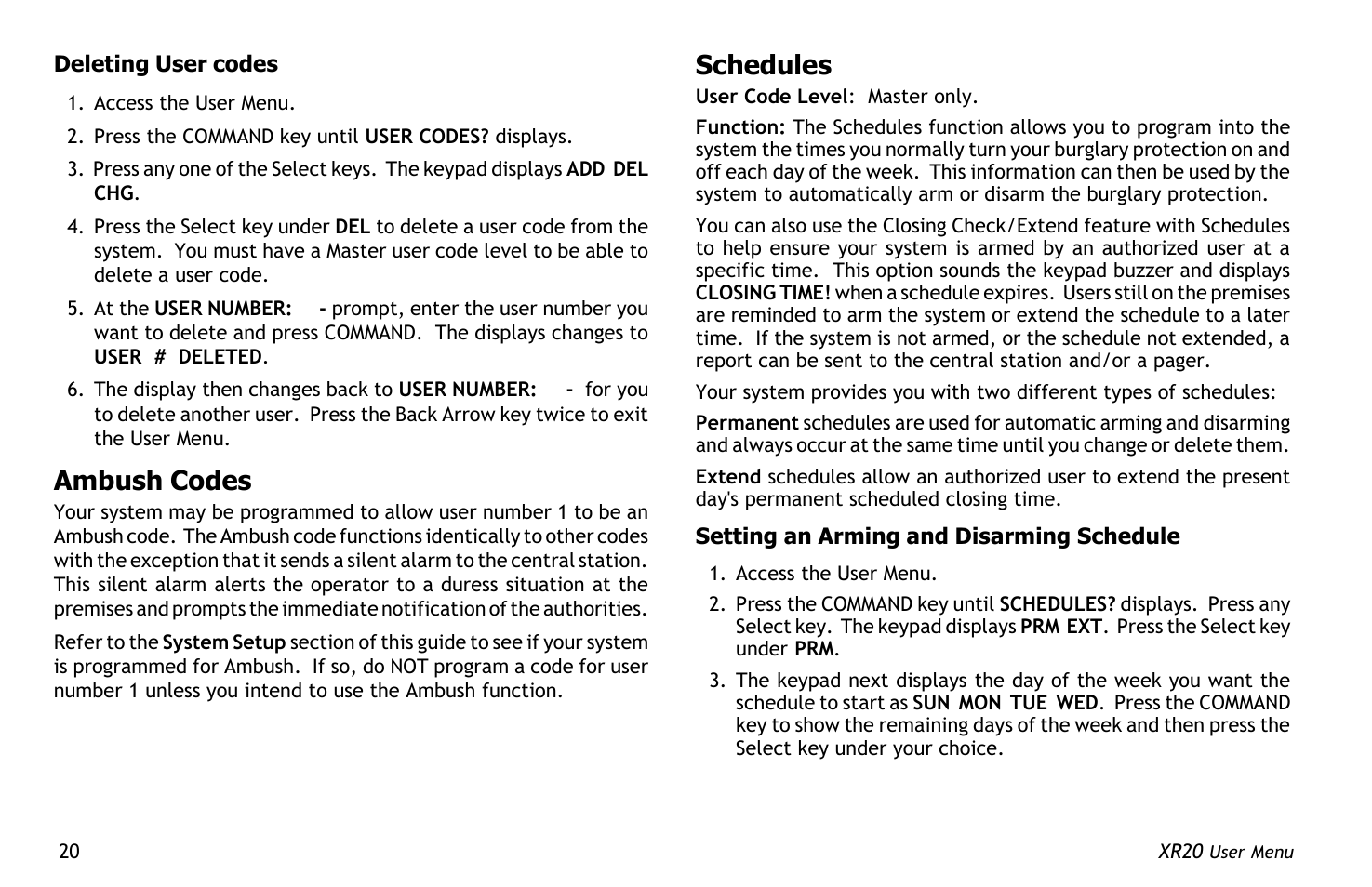 Ambush codes, Schedules | Master Lock XR20 User Manual | Page 24 / 44