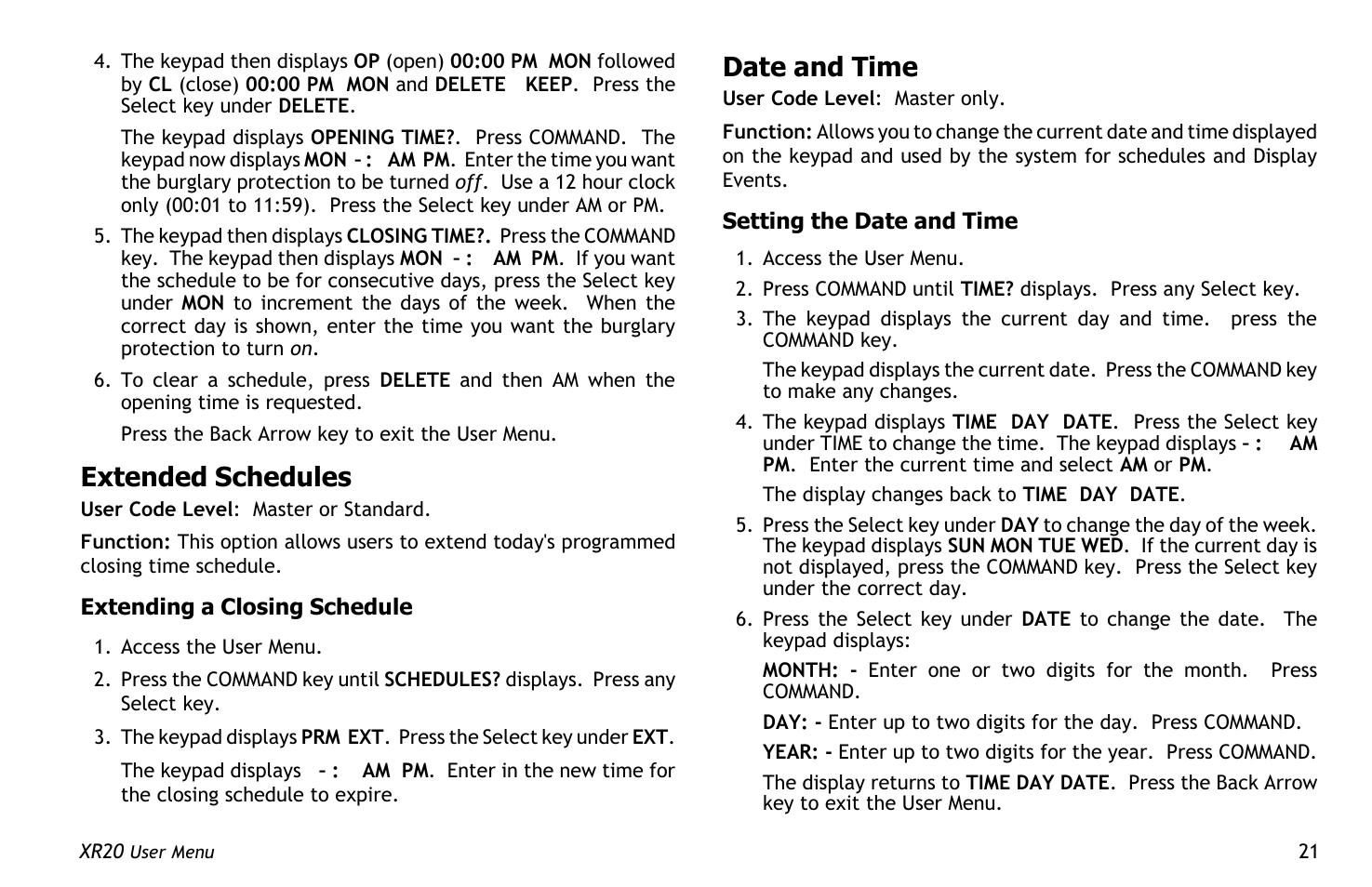 Extended schedules, Date and time | Master Lock XR20 User Manual | Page 25 / 44