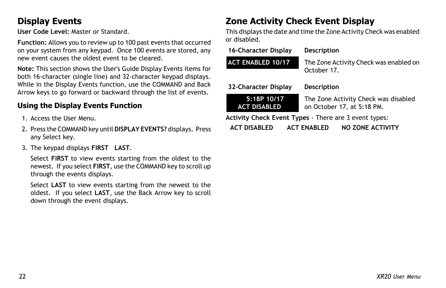 Display events, Zone activity check event display | Master Lock XR20 User Manual | Page 26 / 44