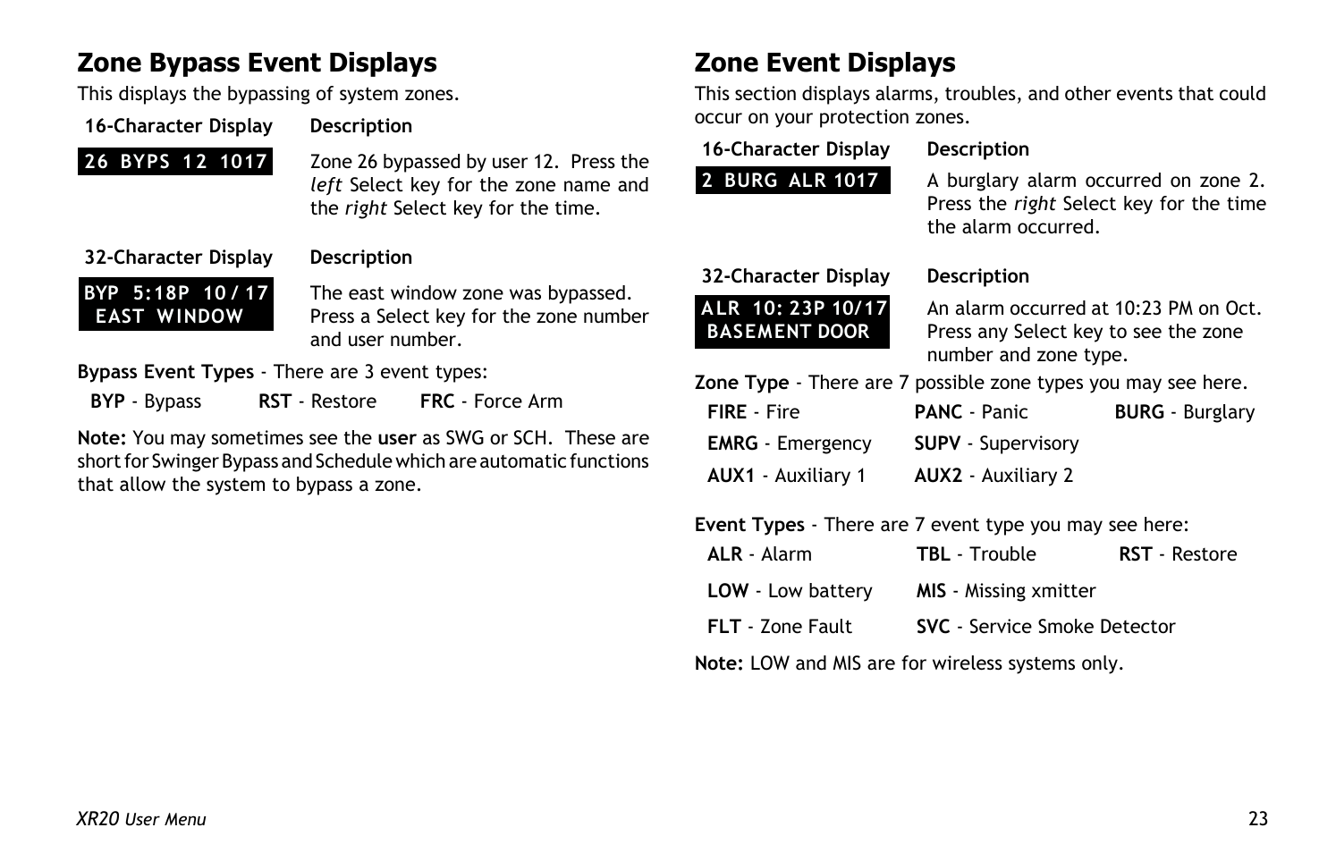 Zone bypass event displays, Zone event displays | Master Lock XR20 User Manual | Page 27 / 44