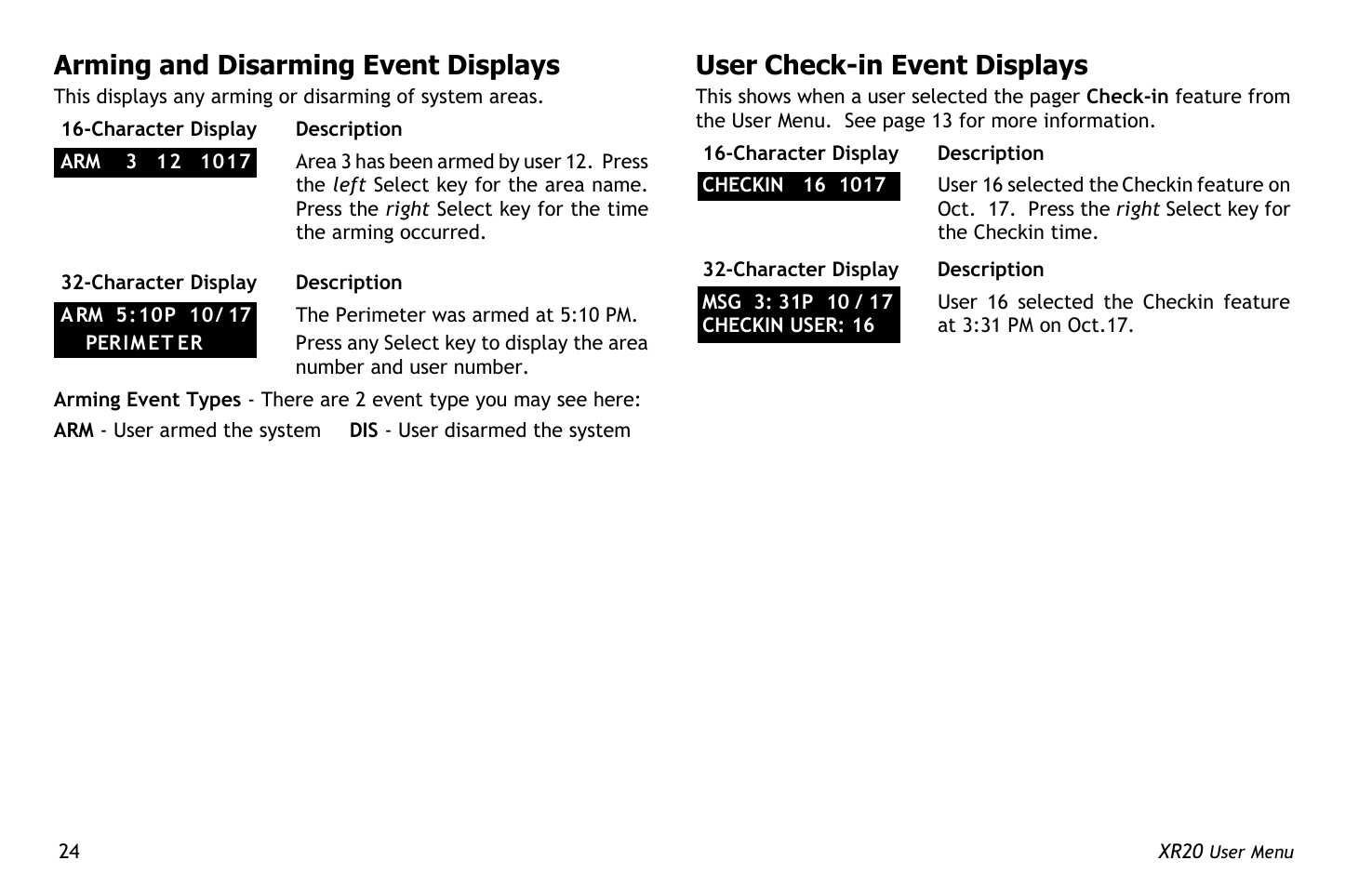 Arming and disarming event displays, User check-in event displays | Master Lock XR20 User Manual | Page 28 / 44