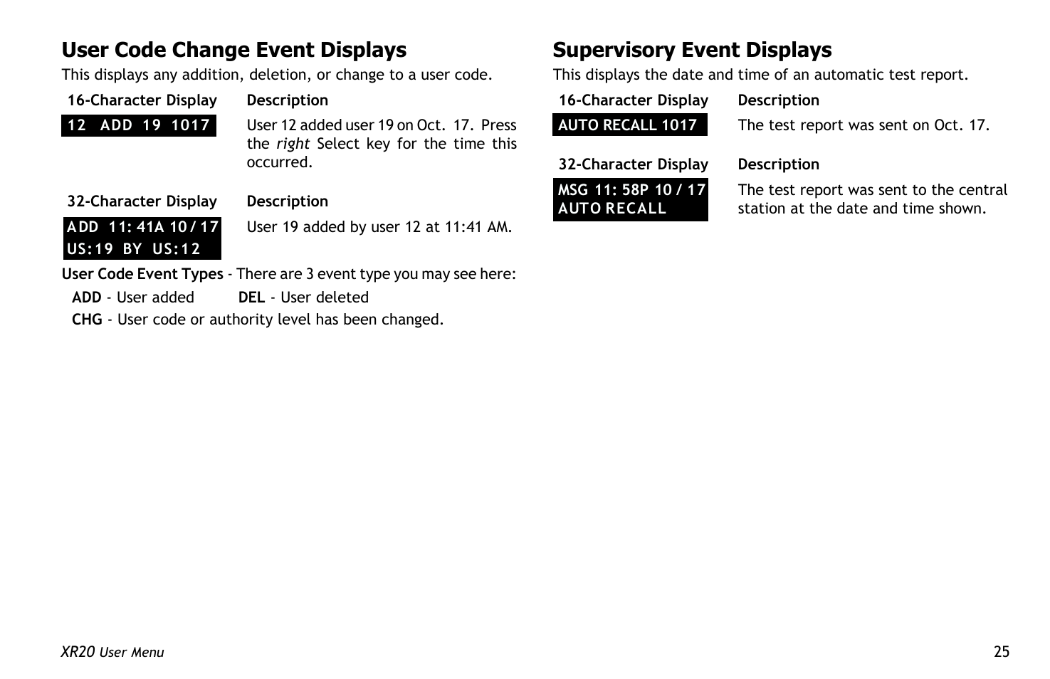 User code change event displays, Supervisory event displays | Master Lock XR20 User Manual | Page 29 / 44