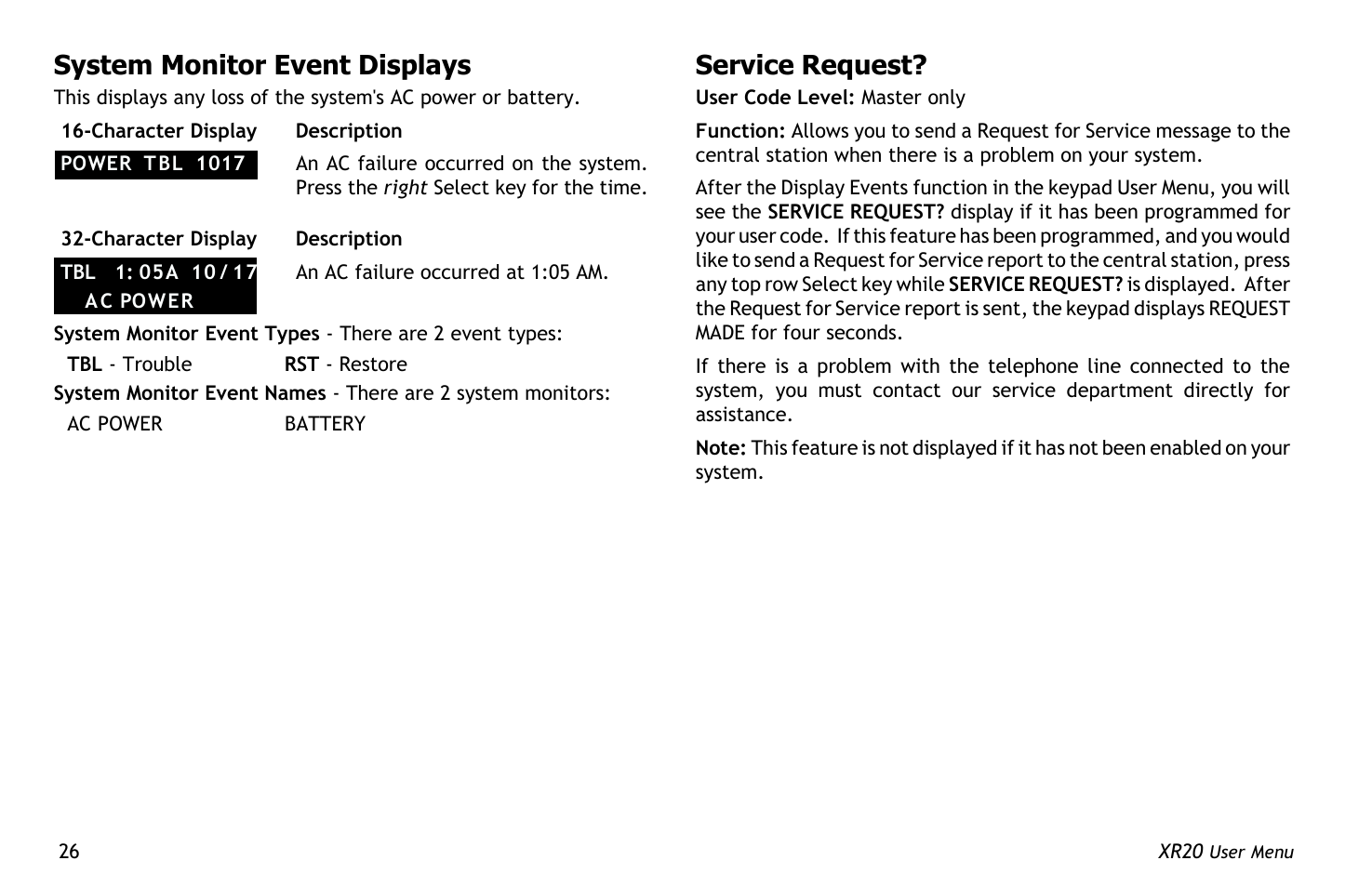 System monitor event displays, Service request | Master Lock XR20 User Manual | Page 30 / 44