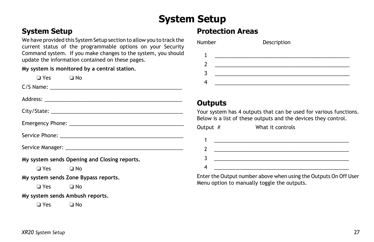 System setup, Protection areas, Outputs | Master Lock XR20 User Manual | Page 31 / 44