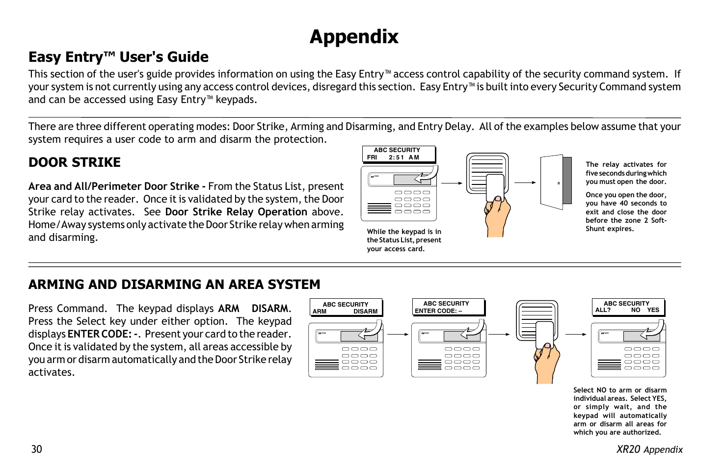 Easy entry™ user's guide, Appendix, Door strike | Arming and disarming an area system | Master Lock XR20 User Manual | Page 34 / 44