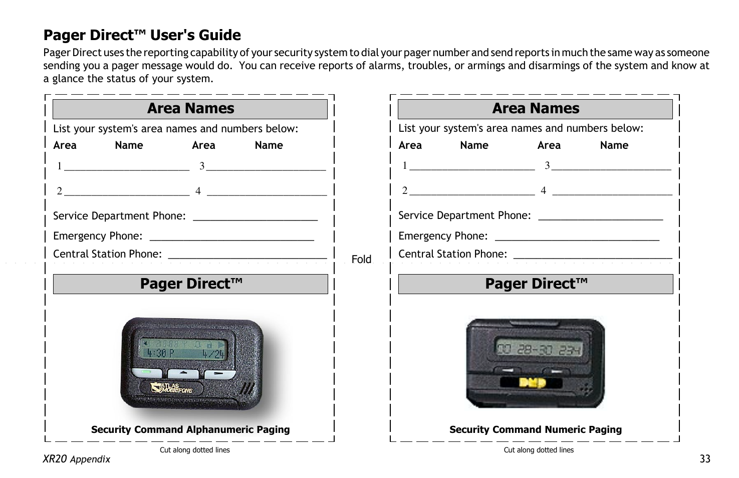 Pager direct™ user's guide, Pager direct, Area names | Master Lock XR20 User Manual | Page 37 / 44