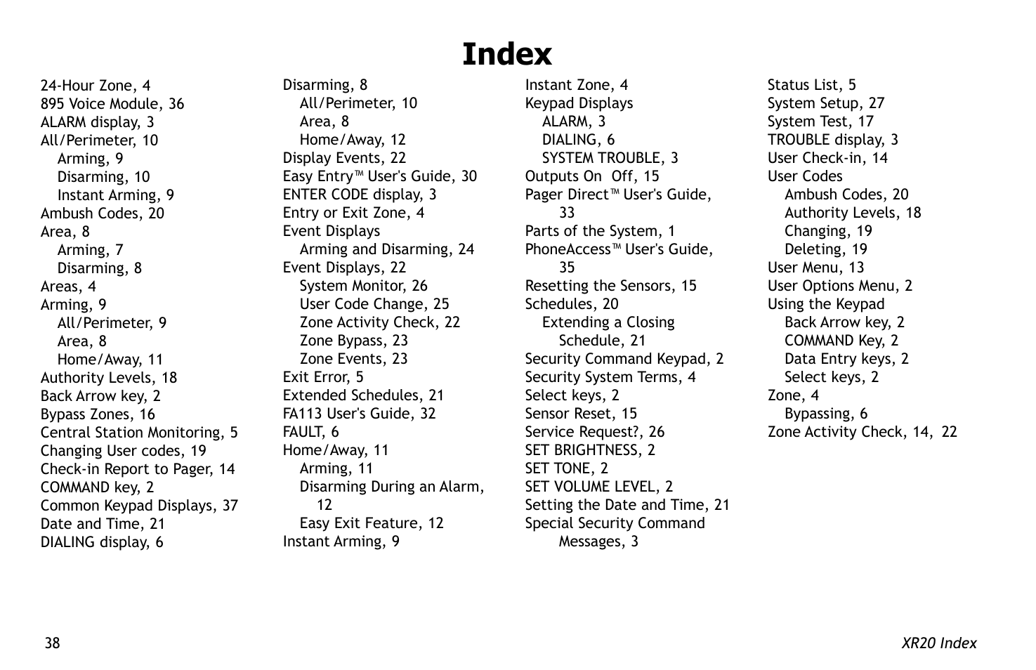 Index | Master Lock XR20 User Manual | Page 42 / 44