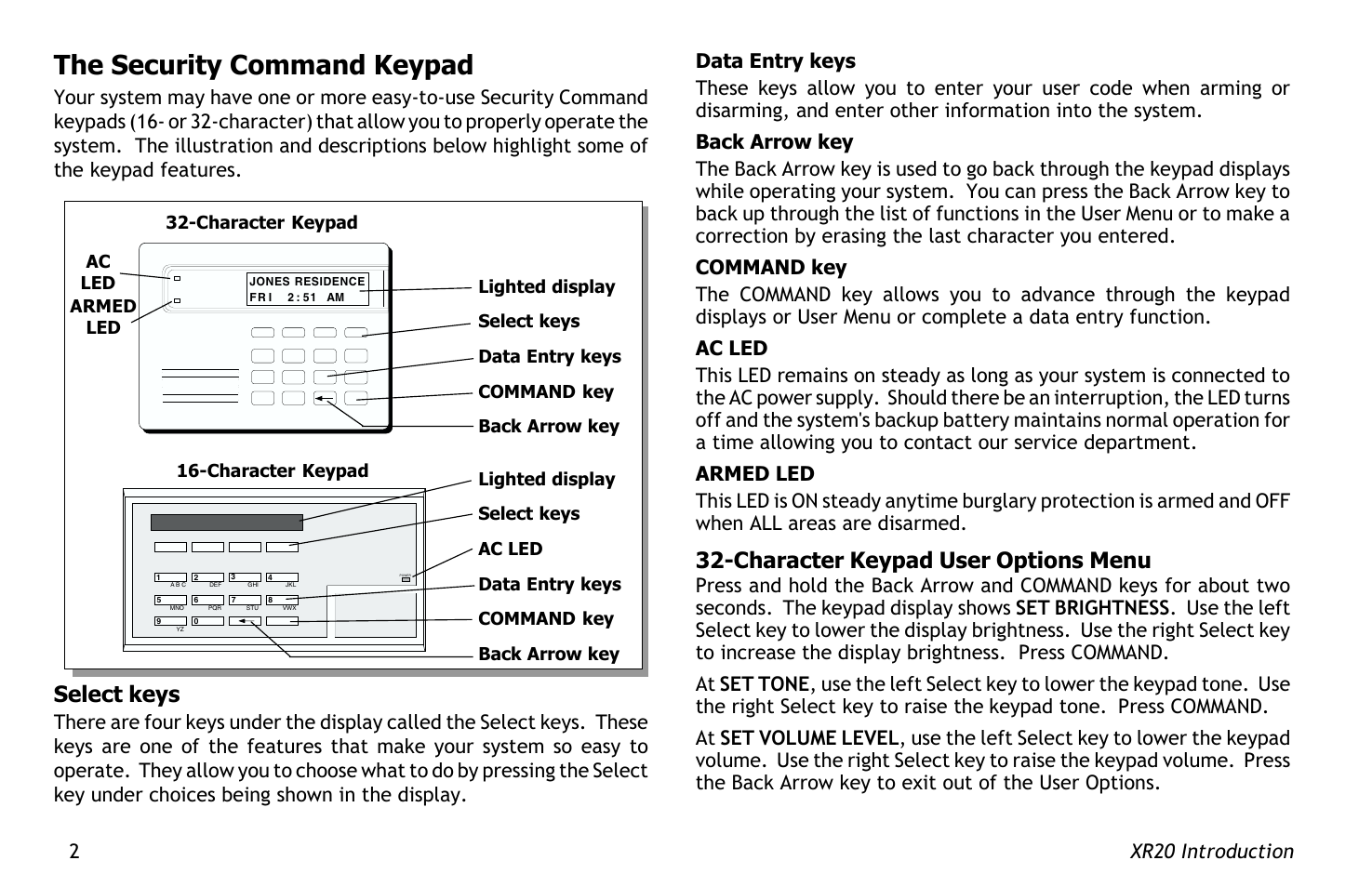 The security command keypad, Character keypad user options menu, Select keys | Master Lock XR20 User Manual | Page 6 / 44