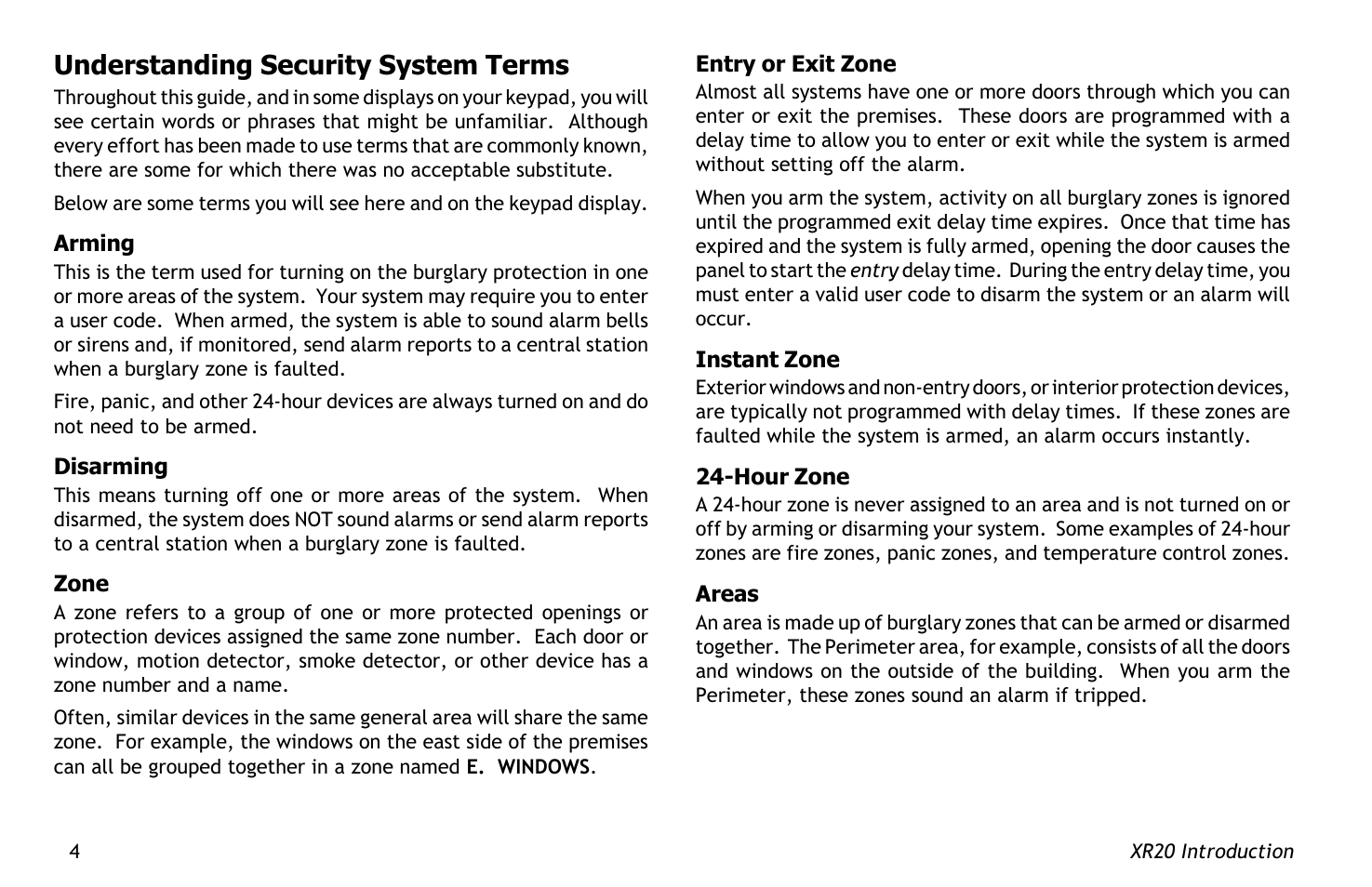 Understanding security system terms, When all areas are disarmed, Character keypad user options menu | Seconds. the keypad display shows, The right select key to | Master Lock XR20 User Manual | Page 8 / 44