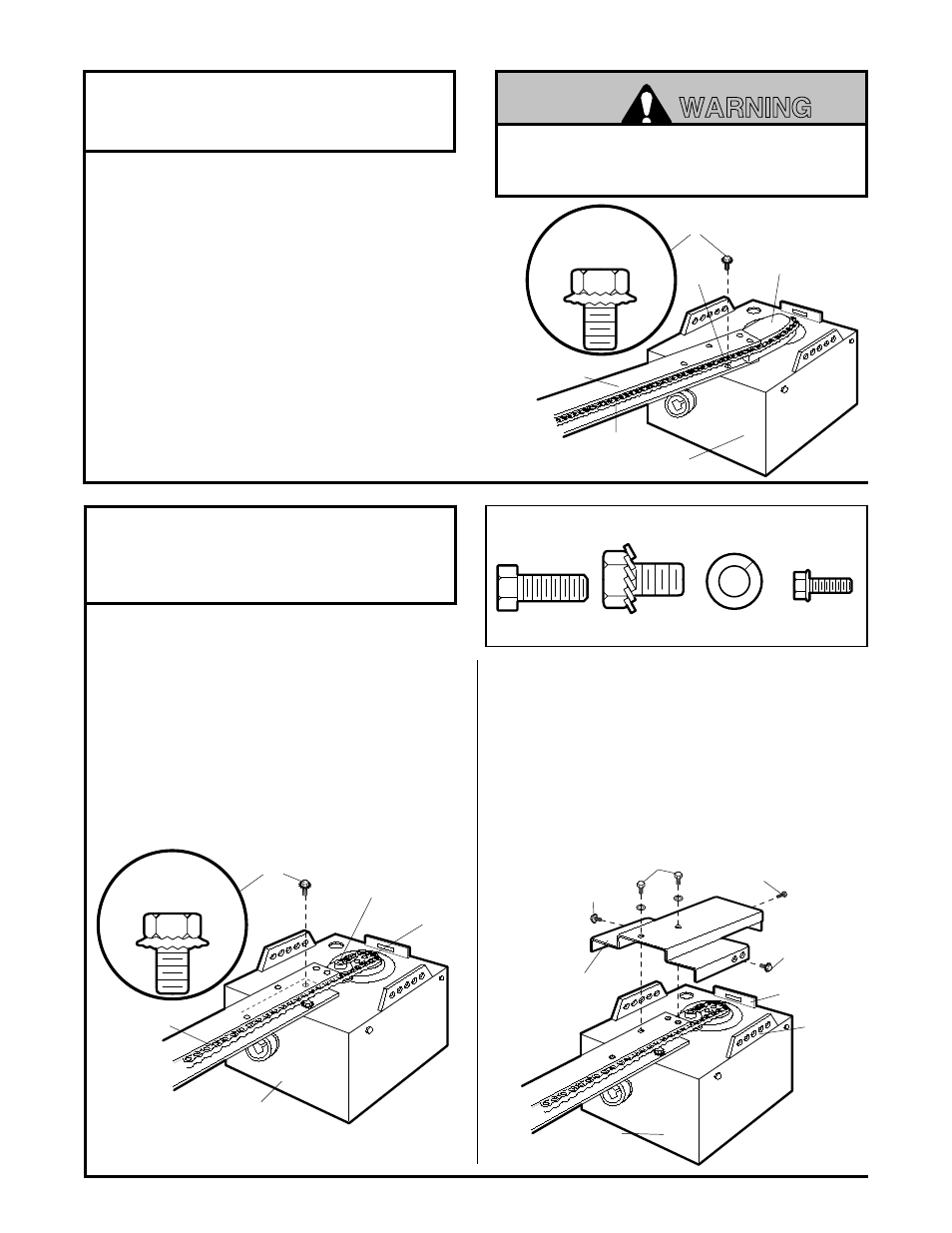 1) attach the rail to the opener, 2) attach the chain to the sprocket, Install the rail support bracket | Warning, Assembly step 1, Assembly step 2, Attach the rail to the opener | Master Lock ATS 211 User Manual | Page 6 / 32