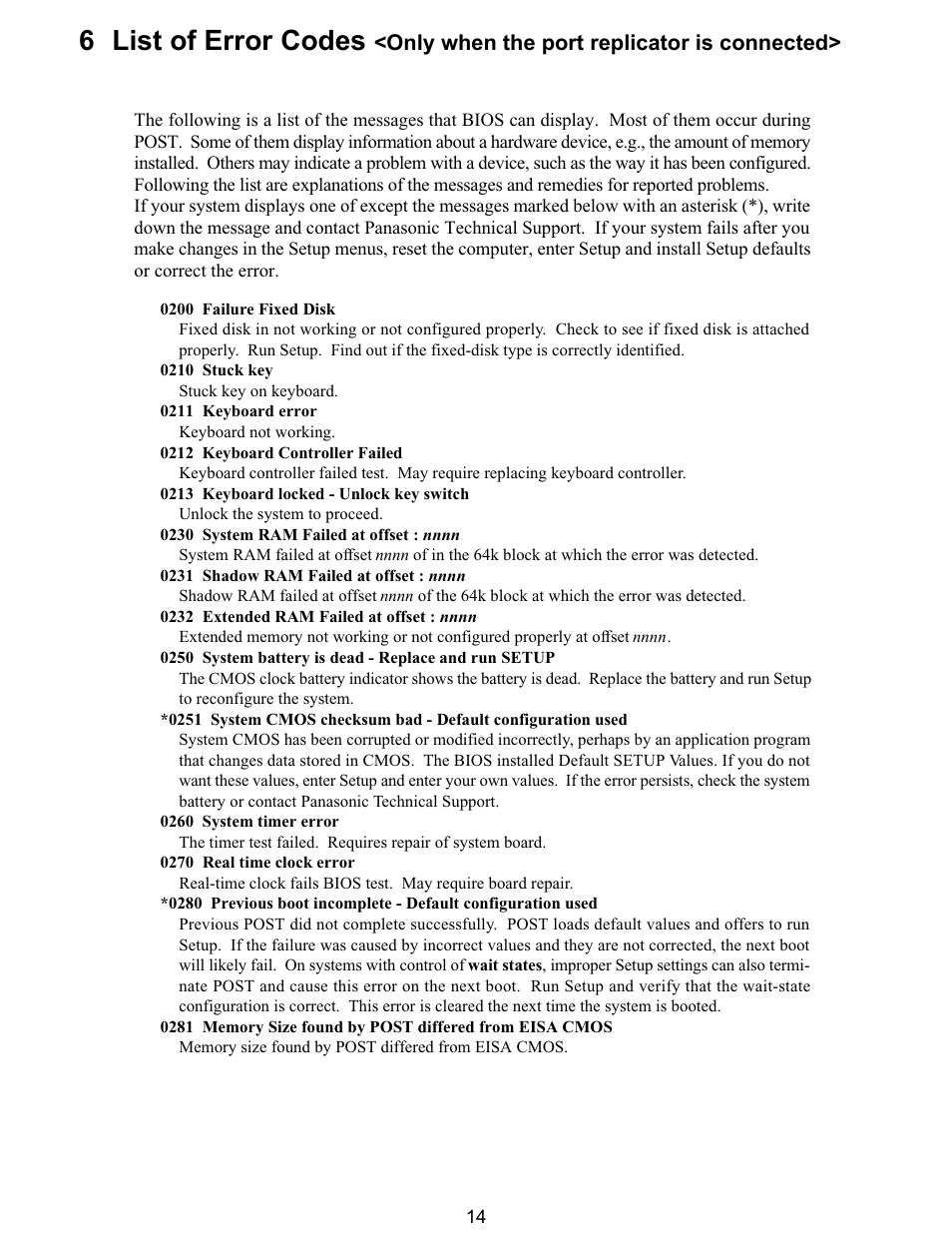 6 list of error codes, Only when the port replicator is connected | Matsushita CF-T5LWETZ1 2 User Manual | Page 14 / 104