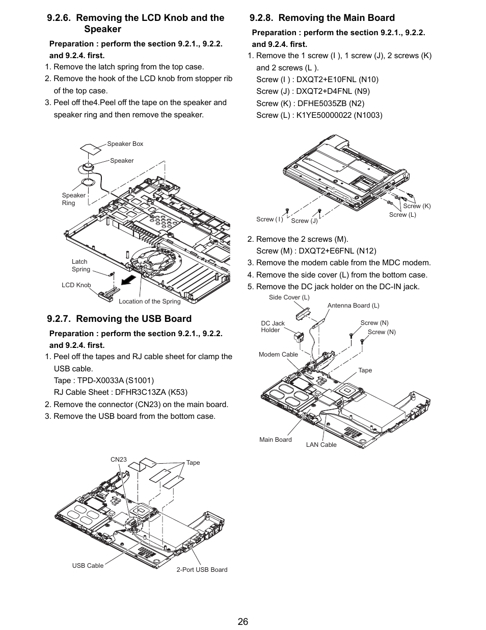 Removing the lcd knob and the speaker, Removing the usb board | Matsushita CF-T5LWETZ1 2 User Manual | Page 26 / 104