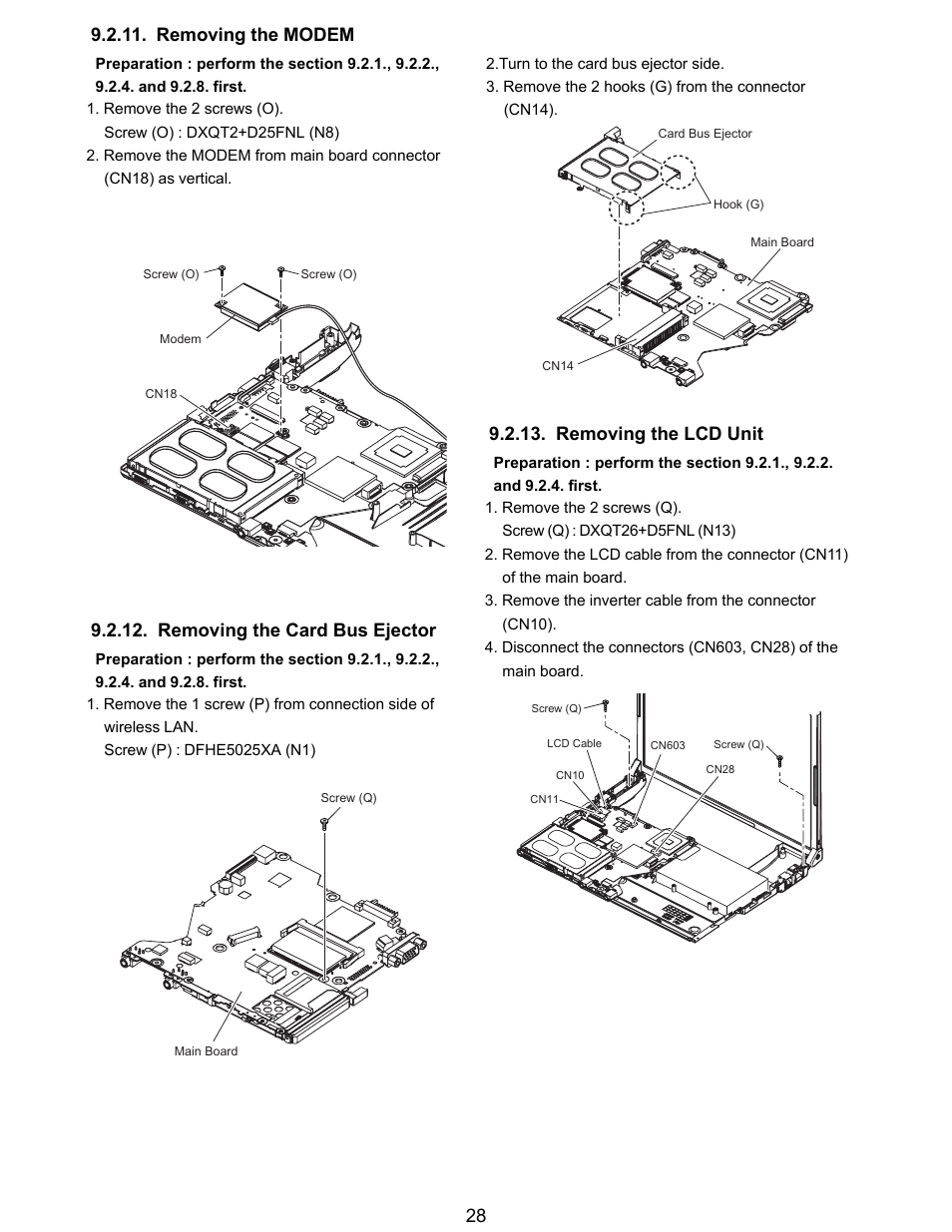 Removing the card bus ejector, Removing the lcd unit | Matsushita CF-T5LWETZ1 2 User Manual | Page 28 / 104