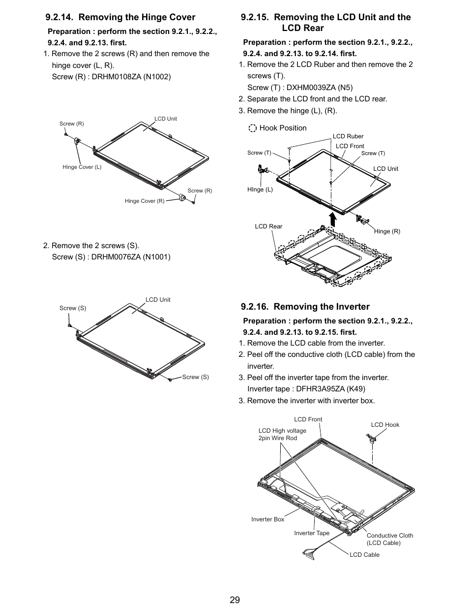 Removing the lcd unit and the lcd rear, Removing the inverter | Matsushita CF-T5LWETZ1 2 User Manual | Page 29 / 104
