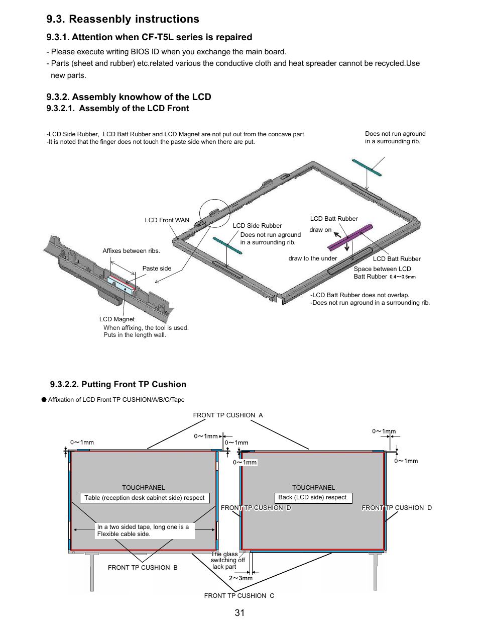 Reassenbly instructions, Attention when cf-t5l series is repaired, Assembly knowhow of the lcd | Assembly of the lcd front, Putting front tp cushion | Matsushita CF-T5LWETZ1 2 User Manual | Page 31 / 104