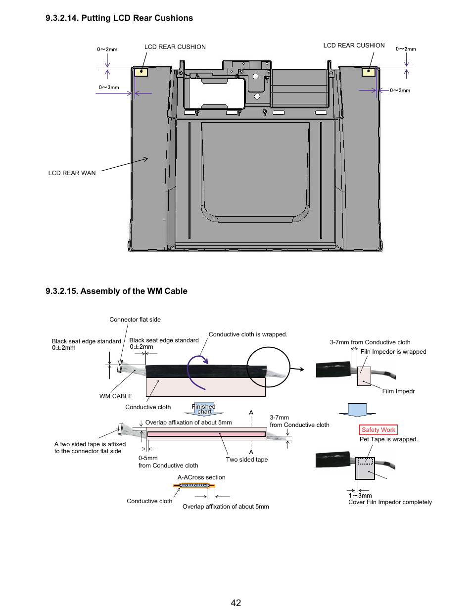 Putting lcd rear cushions, Assembly of the wm cable | Matsushita CF-T5LWETZ1 2 User Manual | Page 42 / 104