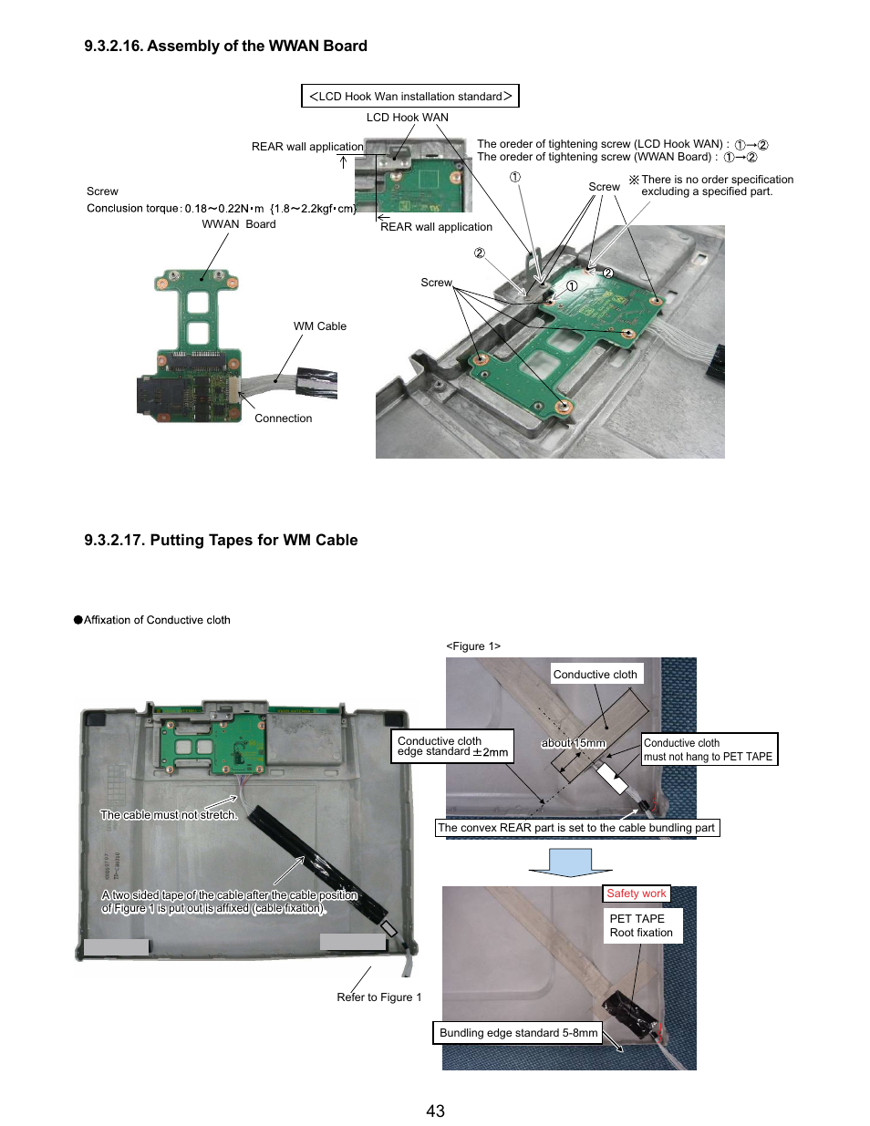 Assembly of the wwan board, Putting tapes for wm cable | Matsushita CF-T5LWETZ1 2 User Manual | Page 43 / 104