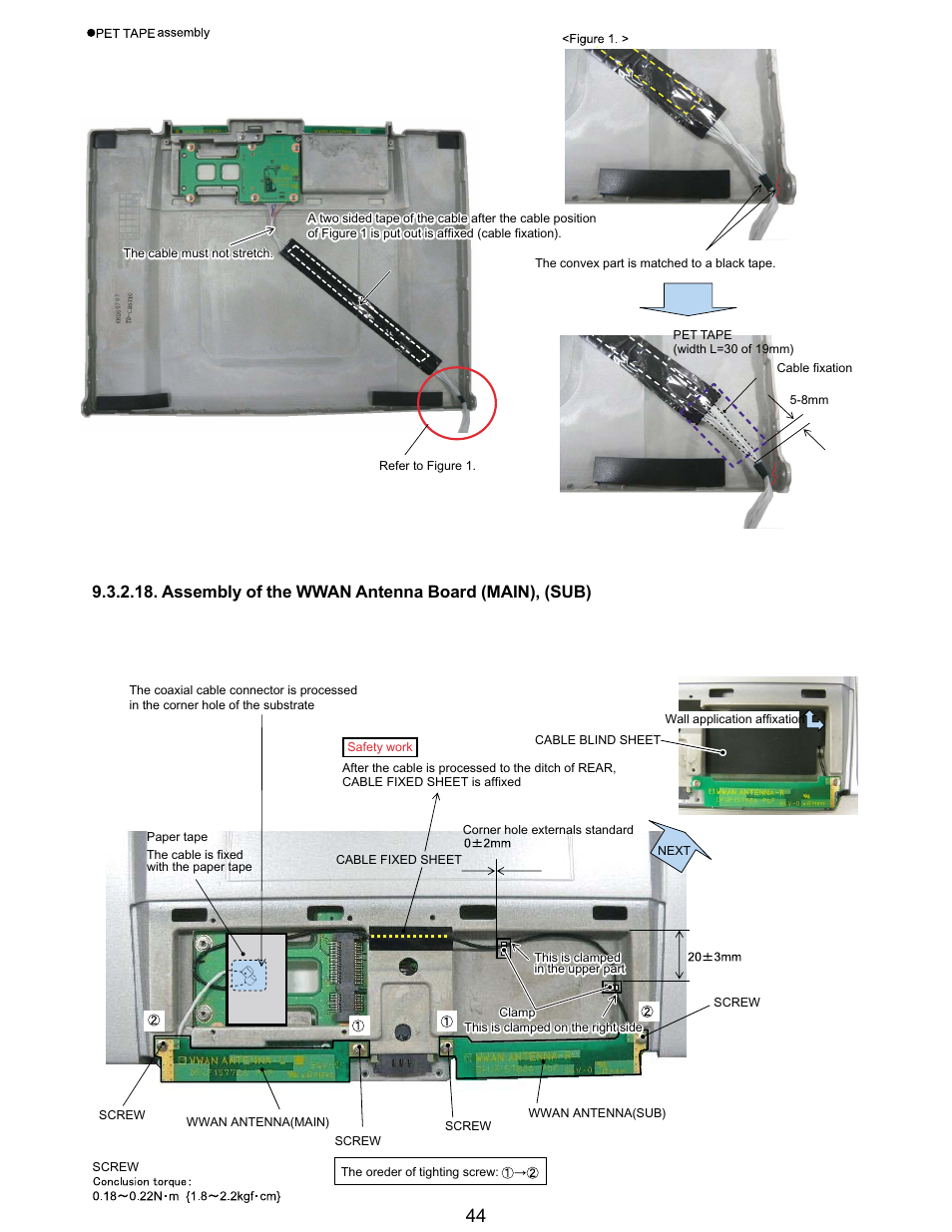 Assembly of the wwan antenna board (main), (sub) | Matsushita CF-T5LWETZ1 2 User Manual | Page 44 / 104