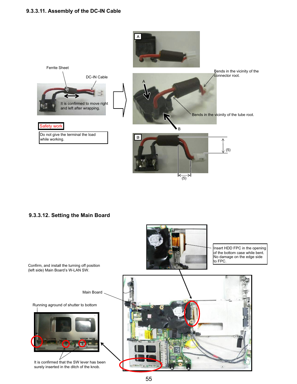 Setting the main board, Assembly of the dc-in cable | Matsushita CF-T5LWETZ1 2 User Manual | Page 55 / 104
