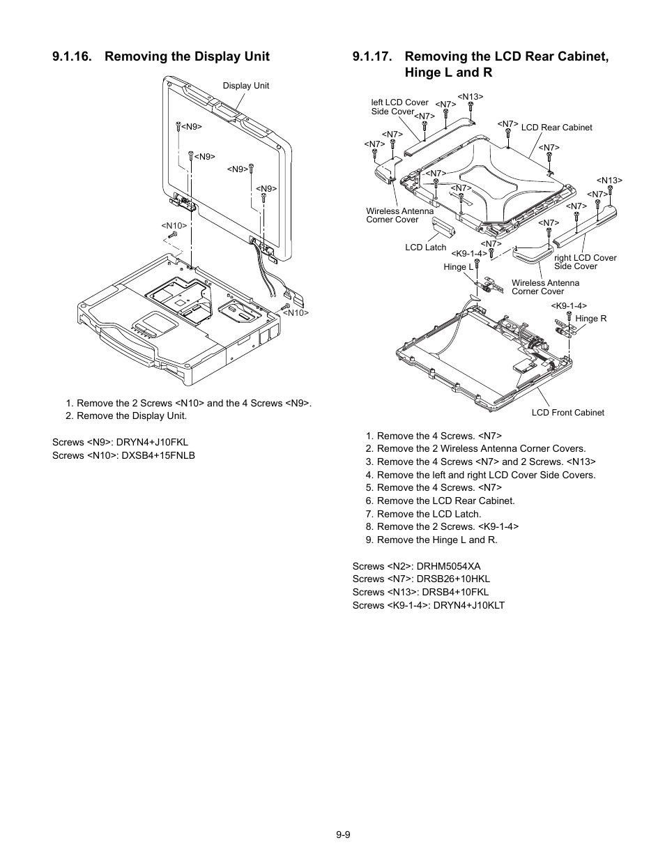 Removing the display unit, Removing the lcd rear cabinet, hinge l and r | Matsushita CF-30 User Manual | Page 31 / 81